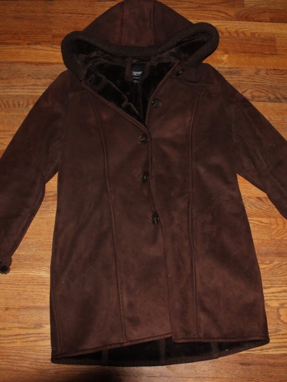 Vintage Y2K Esprit Faux Suede Shearling Hooded Coat L